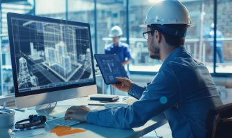 person-is-using-computer-explaining-building-construction-others-background