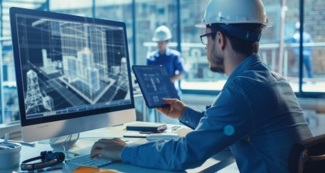 person-is-using-computer-explaining-building-construction-others-background